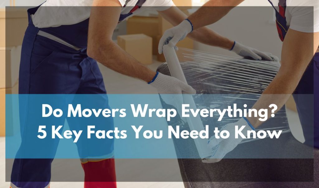 Professional movers wrapping a couch with protective materials to ensure safe transport during a move.